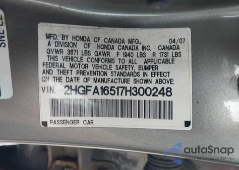 2007 Honda Civic Lx from USA, damaged, VIN 2HGFA16517H300248